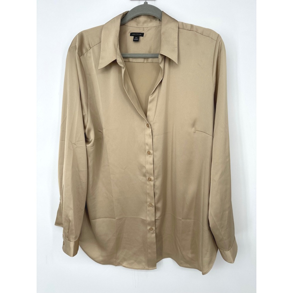 Ann Taylor Blouse Women‎ XXL Gold Satin Button Down Holiday Professional Office